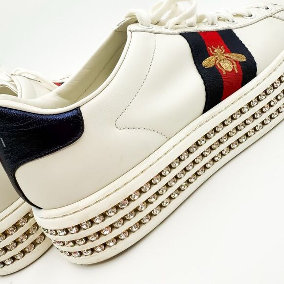 Gucci Ace Web Stripe Crystal Platform White Leather Bee Sneakers Size 37.5, 7.5 - Picture 11 of 15